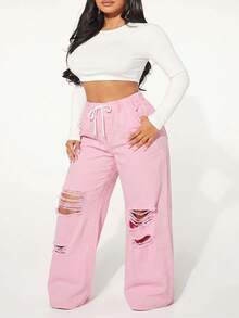 Slaydiva Plus Size Women Drawstring Waist Pocket Distressed Design Casual Versatile Daily Wear Denim Jeans - Pink - View 4