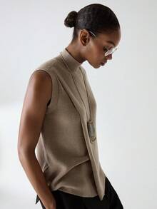 ATUI Studio Women's Taupe Overlap Wool Blend Knit Top – Soft Pullover, Elegant Minimalist Casual For Summer Beach Office, Party Vacation - Khaki - View 7