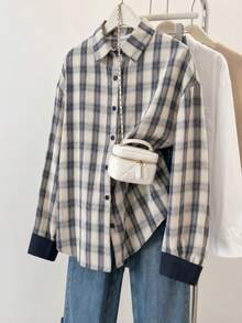 Comfortcana Women's Elegant Retro Vintage 70s Casual Plaid Print Contrast Cuff Button Down Shirt Autumn Layering Top School Teacher Elementary Navy Blue And White - Blue and White - View 1
