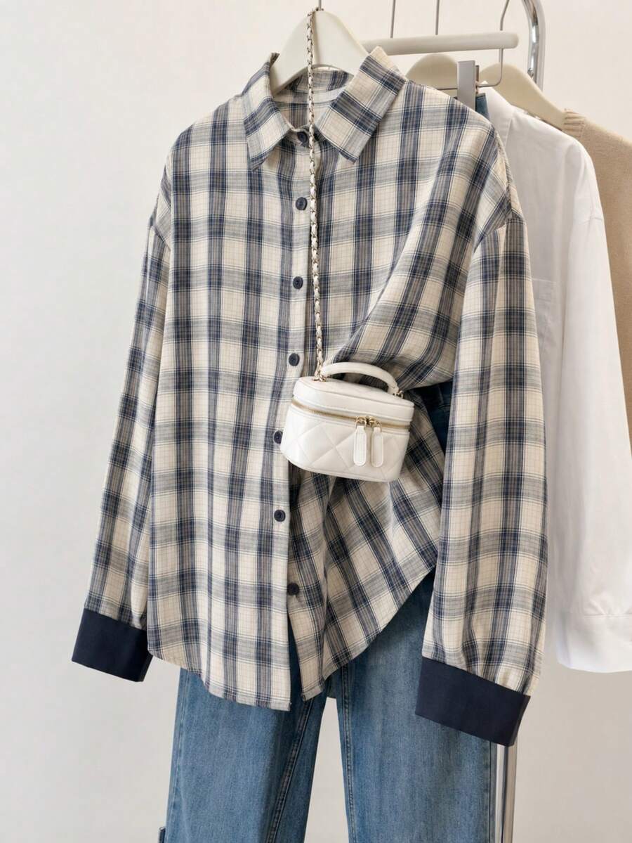 Comfortcana Women's Elegant Retro Vintage 70s Casual Plaid Print Contrast Cuff Button Down Shirt Autumn Layering Top School Teacher Elementary Navy Blue And White - Blue and White - View 1