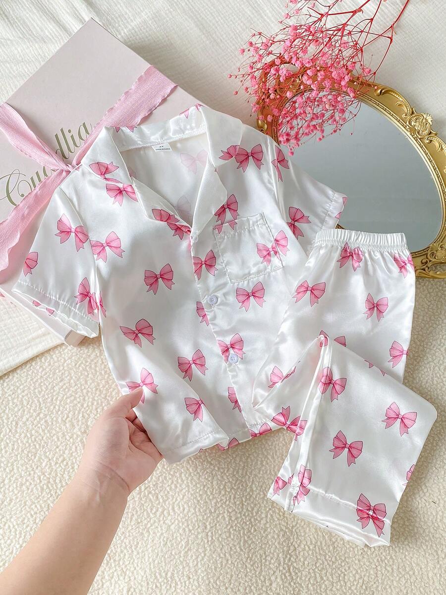 SHEIN 女童粉色蝴蝶結印花翻領前開短袖長褲套裝 防火居家服 - 白色 - 查看 1