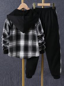 SHEIN Vacaura Tween Boy 1pc Plaid Print Button Front Hooded Shirt & 1pc Sweatpants - Black and White - View 2