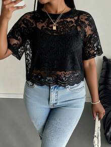 SHEIN PETITE CURVE 大尺碼女款蕾絲圓領短袖透視上衣 - 黑色 - 查看 5