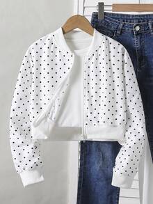 Girls' Polka Dot Print Short Cardigan Baseball Jacket, Thin Autumn Style - Black and White - View 1
