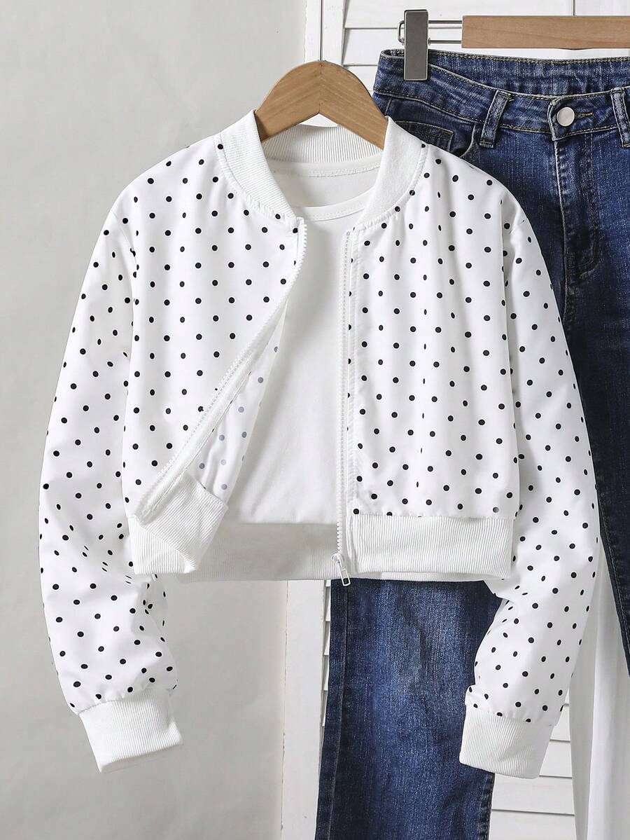 Girls' Polka Dot Print Short Cardigan Baseball Jacket, Thin Autumn Style - Black and White - View 1