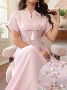 Yasmyna 春夏亮片刺繡拼接粉色收腰阿拉伯風洋裝 - 粉色 - 查看 2