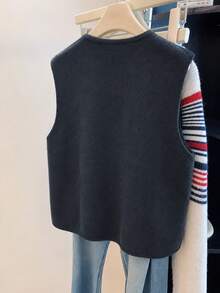 EMERY ROSE Plus Size Women's Spring/Autumn Casual Minimalist Commuter Style Hollow Pocket Handmade Button V-Neck Single-Breasted Loose Knit Vest Fall - Black - View 2