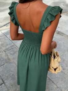 Selianne Women's Casual Ruffle Flutter Sleeve Cinched Waist Flared Dress, Spring/Summer Style, Suitable For Daily Wear And Vacation - Army Green - View 3