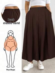 SHEIN Essnce Plus Size Women's Casual Elastic Waist Baggy Pants Chocolate Brown Textured Wide Leg Cropped Pants Formal Vacation Autumn - Brown - View 2