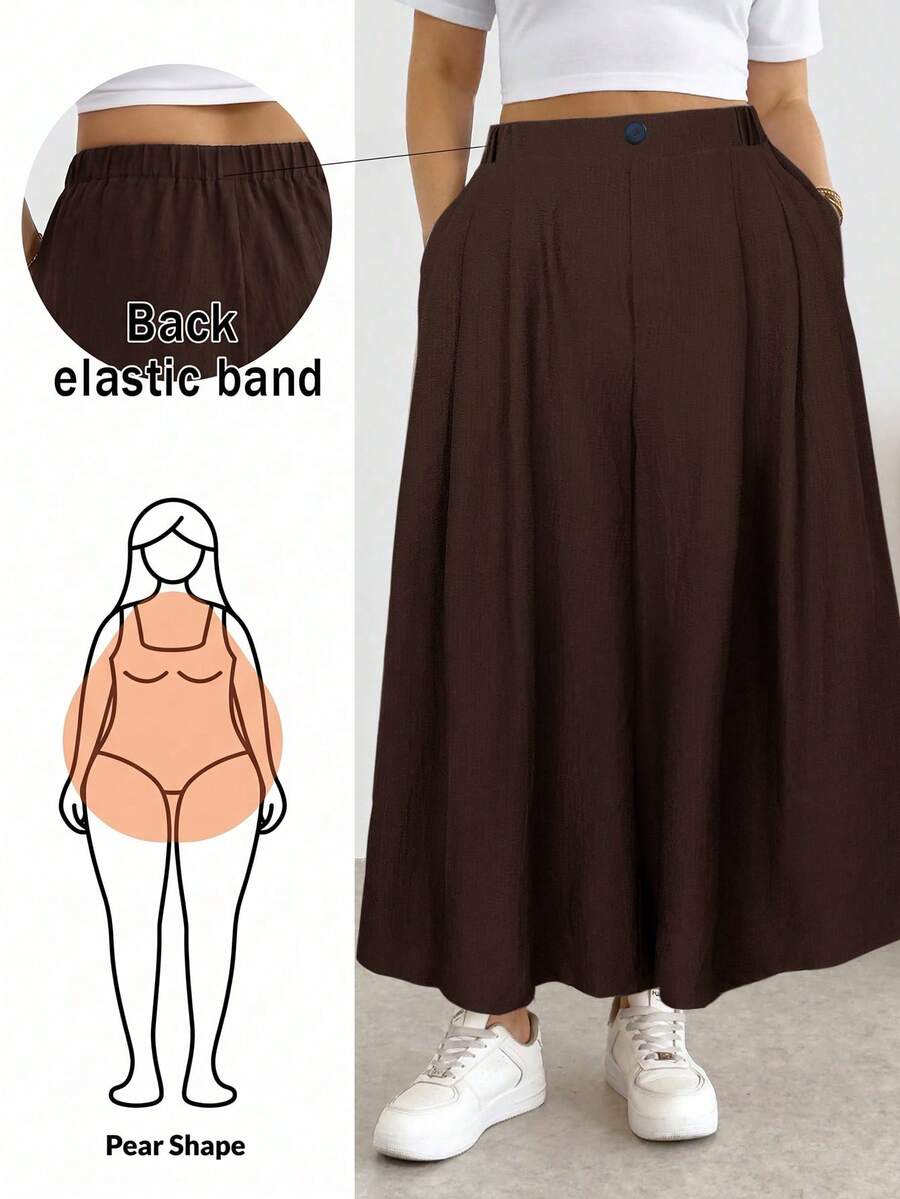 SHEIN Essnce Plus Size Women's Casual Elastic Waist Baggy Pants Chocolate Brown Textured Wide Leg Cropped Pants Formal Vacation Autumn