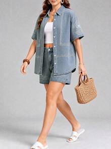 SHEIN LUNE Plus Size Women's Floral Embroidered Single-Breasted Short Sleeve Casual Denim Top - Light Wash - View 5