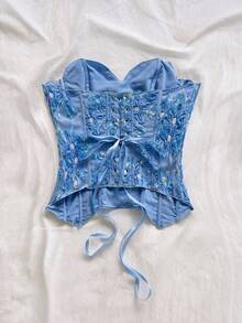Soleia Women's Plus Size 3D Floral Decor Asymmetric Hem Bandeau Top - Baby Blue - View 2