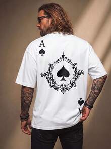 Fenqiro 男士 Ace Of Spades 黑桃撲克圖案印花 T-shirt，黑白配色夏季街頭風城市度假復古 Y2K 大廓型寬鬆巴洛克框架上衣 - 白色 - 查看 1