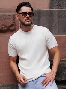 LEOGASHI LEOGASHI Men's Ribbed Crew Neck Short Sleeve Knit Sweater, Spring/Summer - White - View 5