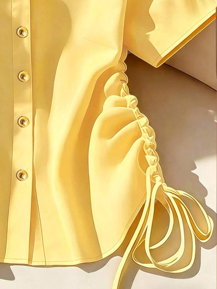 Franclia 女士纯色短袖褶皱前开襟衬衫，夏季款 - 黃色 - 查看 4