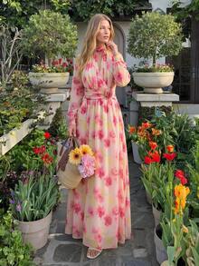 Enchnt Autumn Romantic Women's Elegant Beige Floral Print Lantern Sleeve 3D Long Dress Graduation Garden Party Day Party Wedding Daytime Mother Of The Bride - Pink - View 2