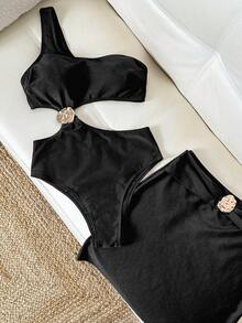 Swim Chiccia 純色布料金屬飾邊單肩設計優雅度假海灘女款泳衣套裝 - 黑色 - 查看 4