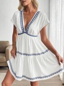 Breezaya Vacation-Style Embroidered Plunge Neck Sexy Slim A-Line Mini Dress, Short Sleeve - White - View 4