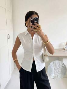 Firerie 女款優雅全白短袖百褶腰襯衫，束腰綁帶上衣，適合夏季休閒通勤辦公與度假風格 - 白色 - 查看 2