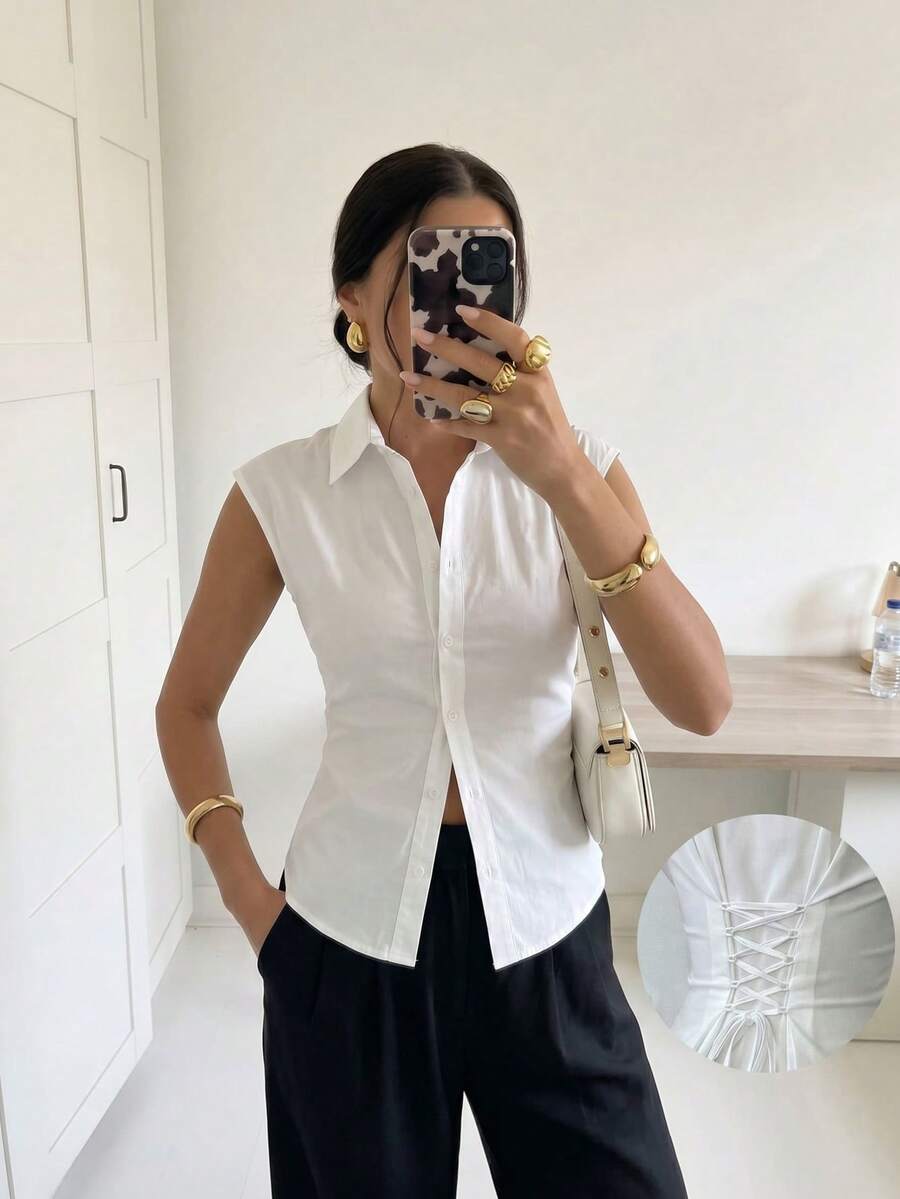 Firerie 女款優雅全白短袖百褶腰襯衫，束腰綁帶上衣，適合夏季休閒通勤辦公與度假風格