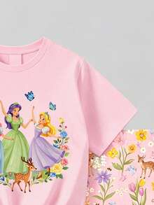 SHEIN 1套女童休閒舒適時尚可愛甜美卡通公主圖案與花卉印花短袖T恤及印花內搭褲套裝，粉紅色，適合春/夏外出、假期、學校、生日及其他場合 - 彩色 - 查看 5