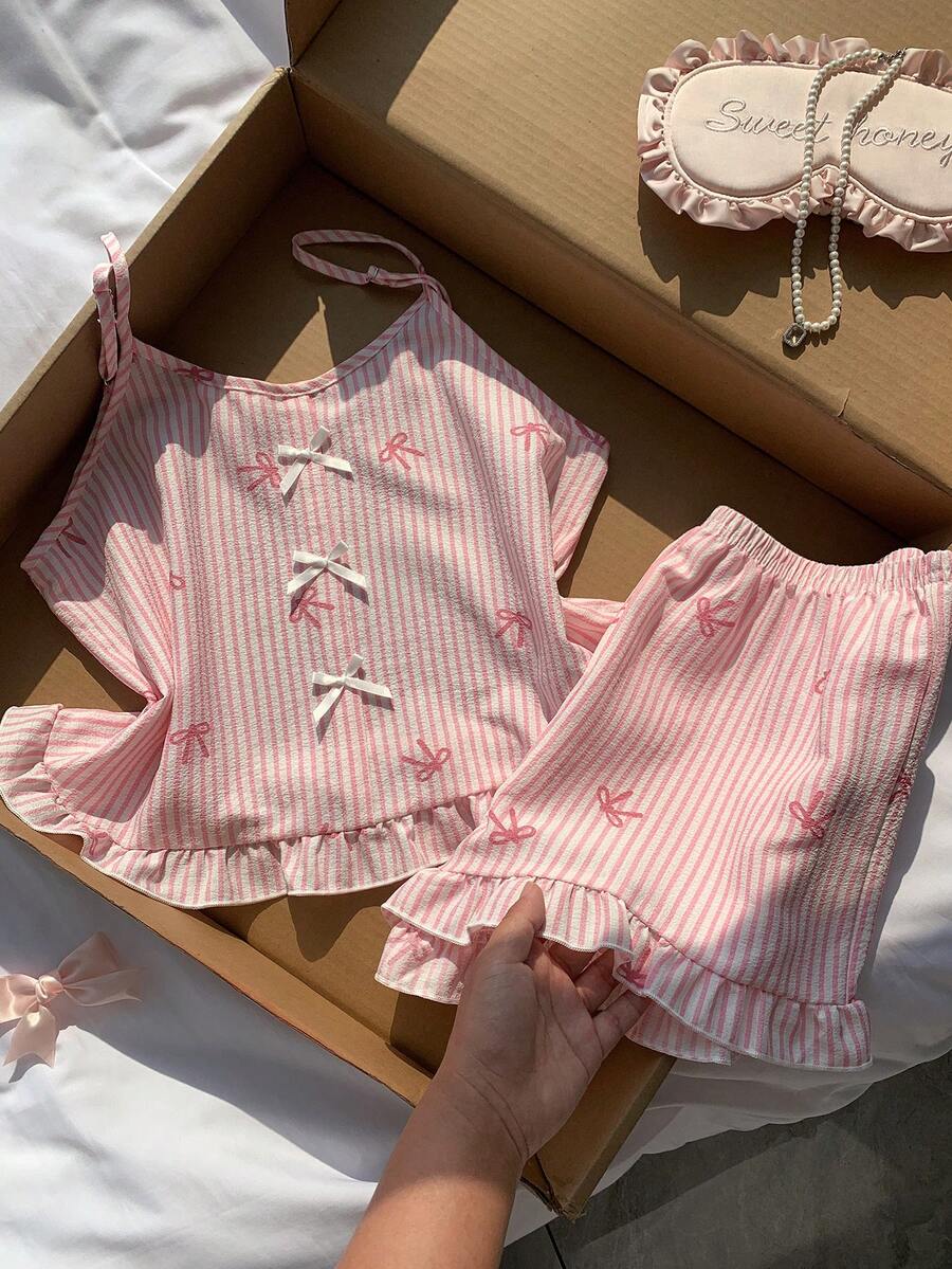 Comfortcana Cute Bow Decor Pink Striped Bow Print Camisole & Shorts Pajama Set - Pink - View 1