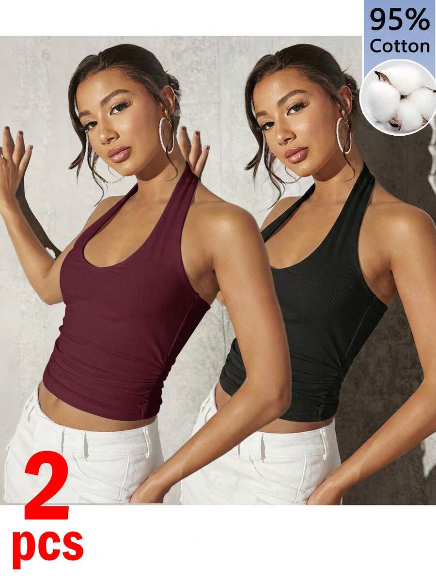 SHEIN BAE 女款 2 件組 95% 棉掛脖背心上衣,適合夏季 - 彩色 - 查看 1