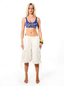 SUMWON WOMEN Washed Cargo Baggy Jorts With Elastic Drawstring Waist And Side Cargo Pockets Summer Shorts - Apricot - View 5