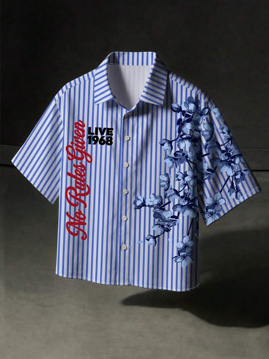 Manfinity EMRG 男士夏季休閒條紋花卉印花襯衫 - 彩色 - 查看 1