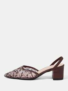 CUCCOO HITCHD New Chinese Style Brown High-Heeled Mullers, Pointed Lace Embroidered Convertible Sandals, Women's Summer Shoes - Brown - View 3