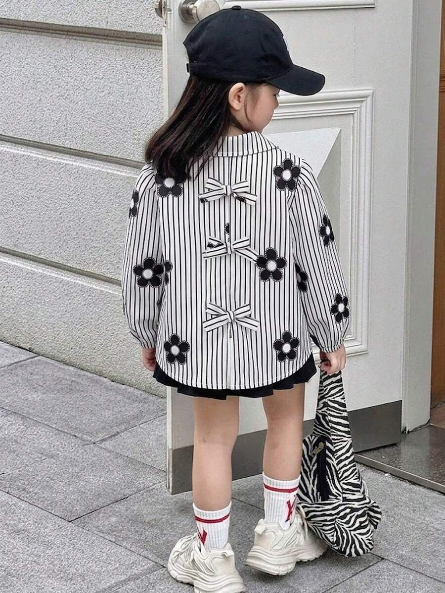 Elladie kids 女童花卉條紋長袖襯衫，立領蝴蝶結上衣，休閒上衣