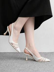 CUCCOO BIZCHIC 女款尖頭時尚優雅網格拼接白色高跟涼鞋，適合日常通勤、旅行與約會穿著 - 白色 - 查看 3