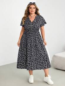 SHEIN CURVE+ Plus Size Women's Summer Beach Vacation Floral Collar Pleated Waistband Dress, Vacation Dress - Multicolor - View 4
