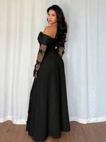 Rafferiza Modisches und würdevolles Damen Kleid, Off-Shoulder Mesh-Einsatz, Langarm und drapiertem Schnitt, geeignet für Partys und Dates - Schwarz - Übersicht 2