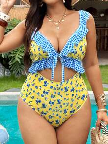 Swim Mod Plus Size Women Floral Print Plaid Patchwork One-Piece Swimsuit, Beach Vacation, Pool Party, Blue And Yellow Summer Sexy Elegant - Multicolor - View 6