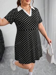 SHEIN CURVE+ 大尺碼拼色翻領短袖休閒1920年代風洋裝，度假款，2026秋冬 22W - 黑與白 - 查看 10