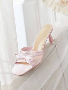CUCCOO HITCHD Sandalias de tacón alto con punta cuadrada de satén rosa y encaje estilo francés suave, tacón de aguja con lazo, zapatos de tacón alto para mujer - Rosa - Ver 7