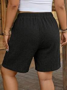 Comfylo Shorts de talla grande con textura, unicolor, cintura con cordón y bolsillos para vacaciones - Negro - Ver 2