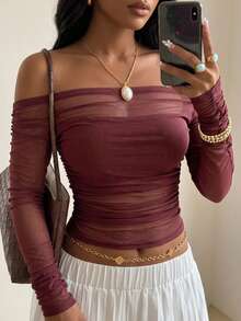 Joudiya Women's Elastic Mesh Sheer Off Shoulder Top, Spring/Summer Long Sleeve Women Tops Going Out Tops Women - Burgundy - View 8