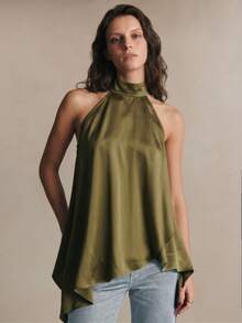 Poéselle Blusa casual asimétrica con cuello de halter en color verde, blusa elegante para mujer, blusas casuales para mujer, para vacaciones, estilo Y2K, blusa verde, blusa de verano, para mujer en primavera, blusa para salir para mujer, primavera/verano - Blanco y Negro - Ver 1