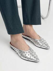 Mnmlis Zapatos de moda para mujer con punta cuadrada pequeña, remaches y diseño calado - Plateado - Ver 5