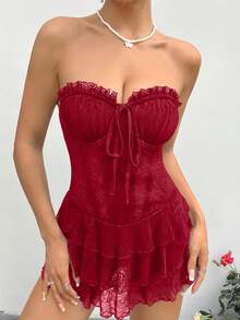 SHEIN ICON Lace Patchwork Halter Ruffle Backless Crisscross Strap Mini Dress - Red - View 6