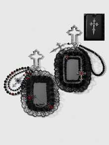 ROMWE Goth 1個Y2K哥德風黑紅配色手工串珠水晶水鑽蜘蛛愛心十字卡片不鏽鋼十字架鑰匙圈包包吊飾，女款 - 黑紅色-15 - 查看 4