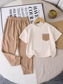SHEIN Kids 2pcs/Set Young Boy Summer Casual Contrast Color Pocket T-Shirt & Long Sets, School, Campus, College - Multicolor - View 4