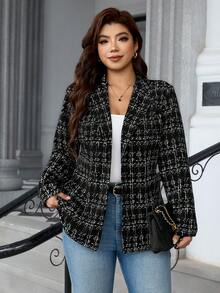 SHEIN Clasi 大尺碼女款格紋翻領長袖休閒西裝外套 - 黑色 - 查看 5