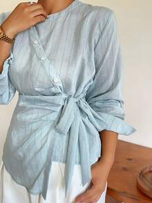 Dazy Plus Blue Striped Asymmetrical Placket Tie-Front Casual Fun Commuter Long Sleeve Spring Autumn Shirt - Baby Blue - View 1