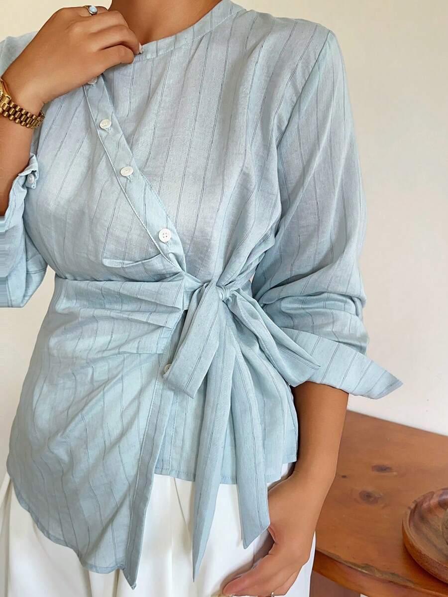 Dazy Plus Blue Striped Asymmetrical Placket Tie-Front Casual Fun Commuter Long Sleeve Spring Autumn Shirt - Baby Blue - View 1