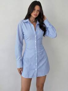 Firerie Damen Blau gestreiftes Farbblock einreihiges Kleid mit geraffter Taille, elegant, tropisch, für Büro, Brunch, Herbst - Blau - Übersicht 7