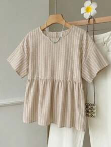 SHEIN EZwear 女款休閒條紋襯衫，女款夏季服飾，女款休閒穿著，條紋襯衫，街頭風格，適合日常通勤、約會、聚會、秋冬、夏季、聖誕節、新年、感恩節、派對、婚禮、海灘、畢業典禮，優雅、休閒、外出 - 彩色 - 查看 5