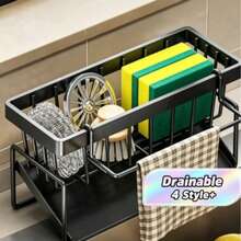 No-Drill Gray Sink Storage Rack | Rustproof Space-Saving Kitchen Organizer With Hooks, For Dishes, Soap & Cleaning Brushes, Easy Install & Clean, High Load-Bearing, Scandinavian Style - Multicolor - View 3